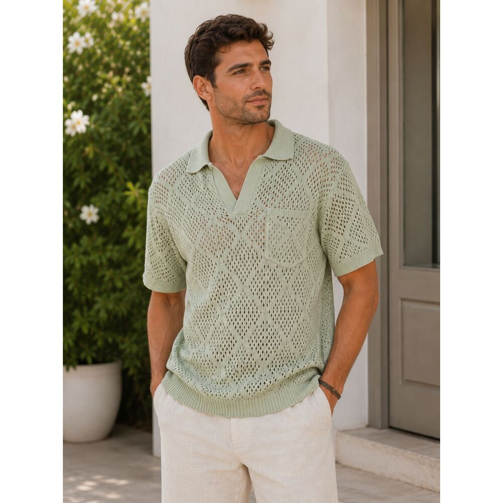 Massive Luxury Men's Sage Green Open Knit Polo Sweater Shirt Cotton Size M NWT